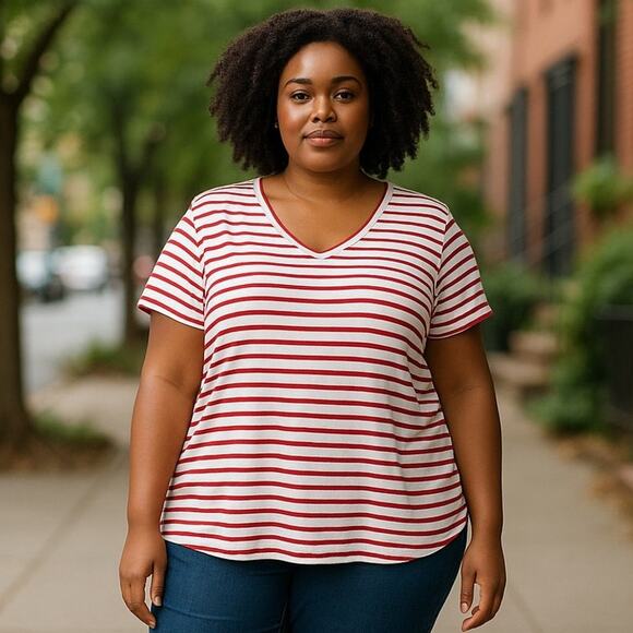 COCO & MAIN Red White Striped Short Sleeve Summer Top ~ Women's Oversized MED - Picture 1 of 4